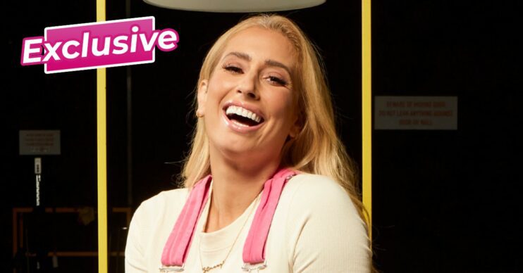Stacey Solomon wearing pink dungarees on sort your life out close up exclusive comp