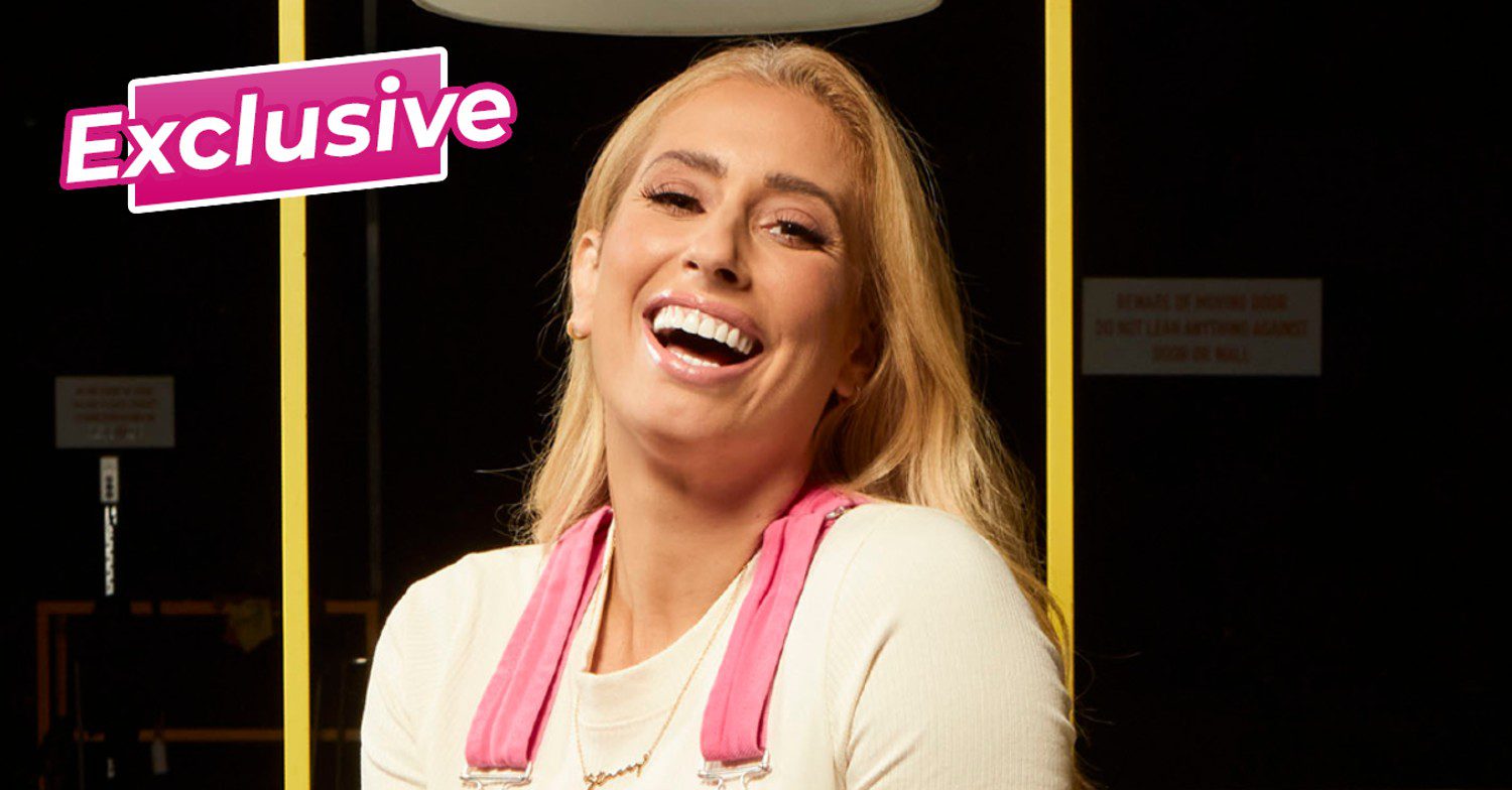 Stacey Solomon wearing pink dungarees on sort your life out close up exclusive comp