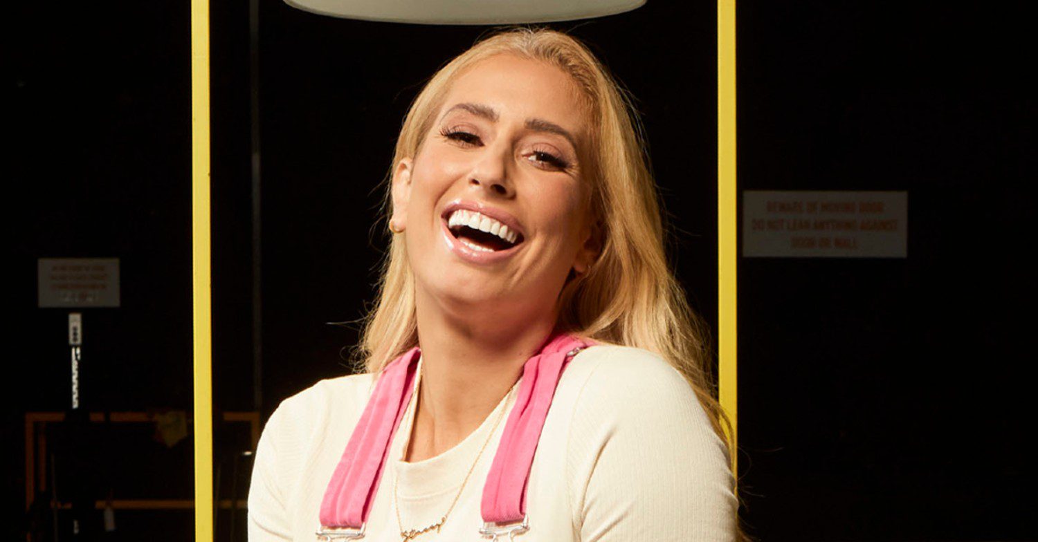 Stacey Solomon wearing pink dungarees on sort your life out close up comp