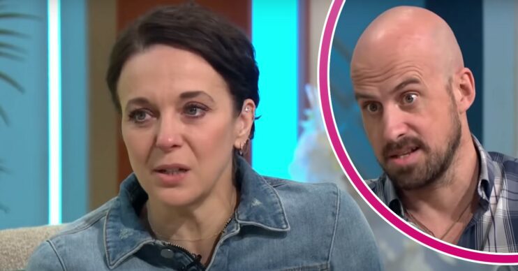 Amanda Abbington looks concerned, her partner Jonathan speaks