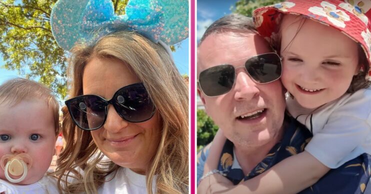 22 Kids & Counting star Sue Radford wearing Minnie Mouse ears and holding baby beside Noel Radford with daughter in Florida