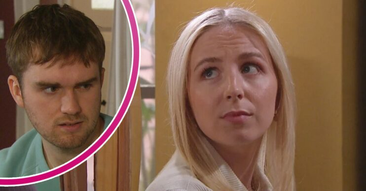 Belle looks worried on Emmerdale; inset, Tom looking angry (Credit: ITV/Composite: ED!)