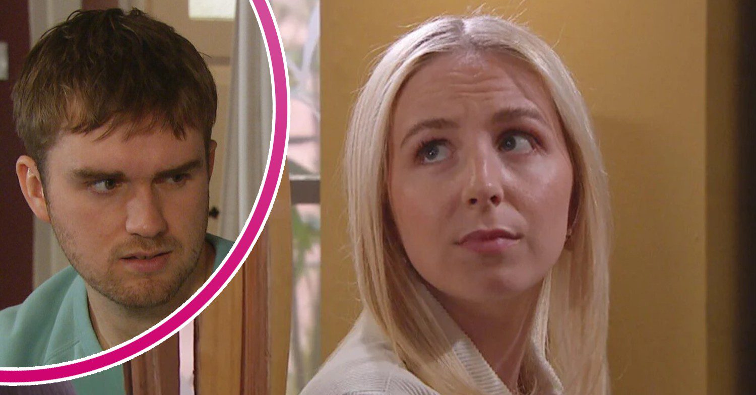 Belle looks worried on Emmerdale; inset, Tom looking angry (Credit: ITV/Composite: ED!)