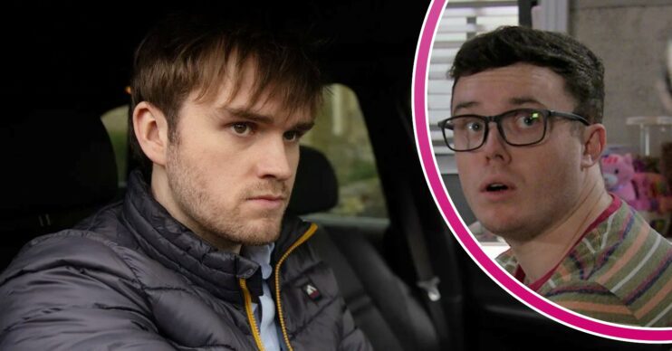 Tom looking angry on Emmerdale; inset, Vinny looks surprised (Credit: ITV/Composite: ED!)