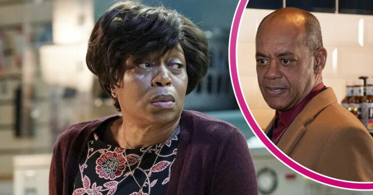 Yolande looks upset on EastEnders; inset, Pastor Clayton looking sinister (Credit: BBC/Composite: ED!)