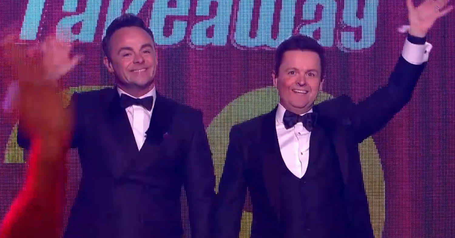 Ant and Dec waving on Saturday Night Takeaway tonight 