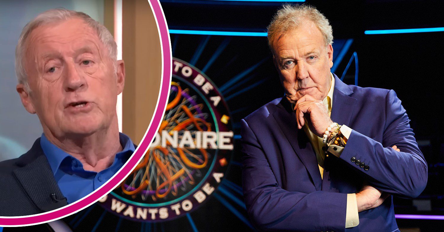 Chris Tarrant / Jeremy Clarkson posing in front of the Who Wants to be a millionaire logo