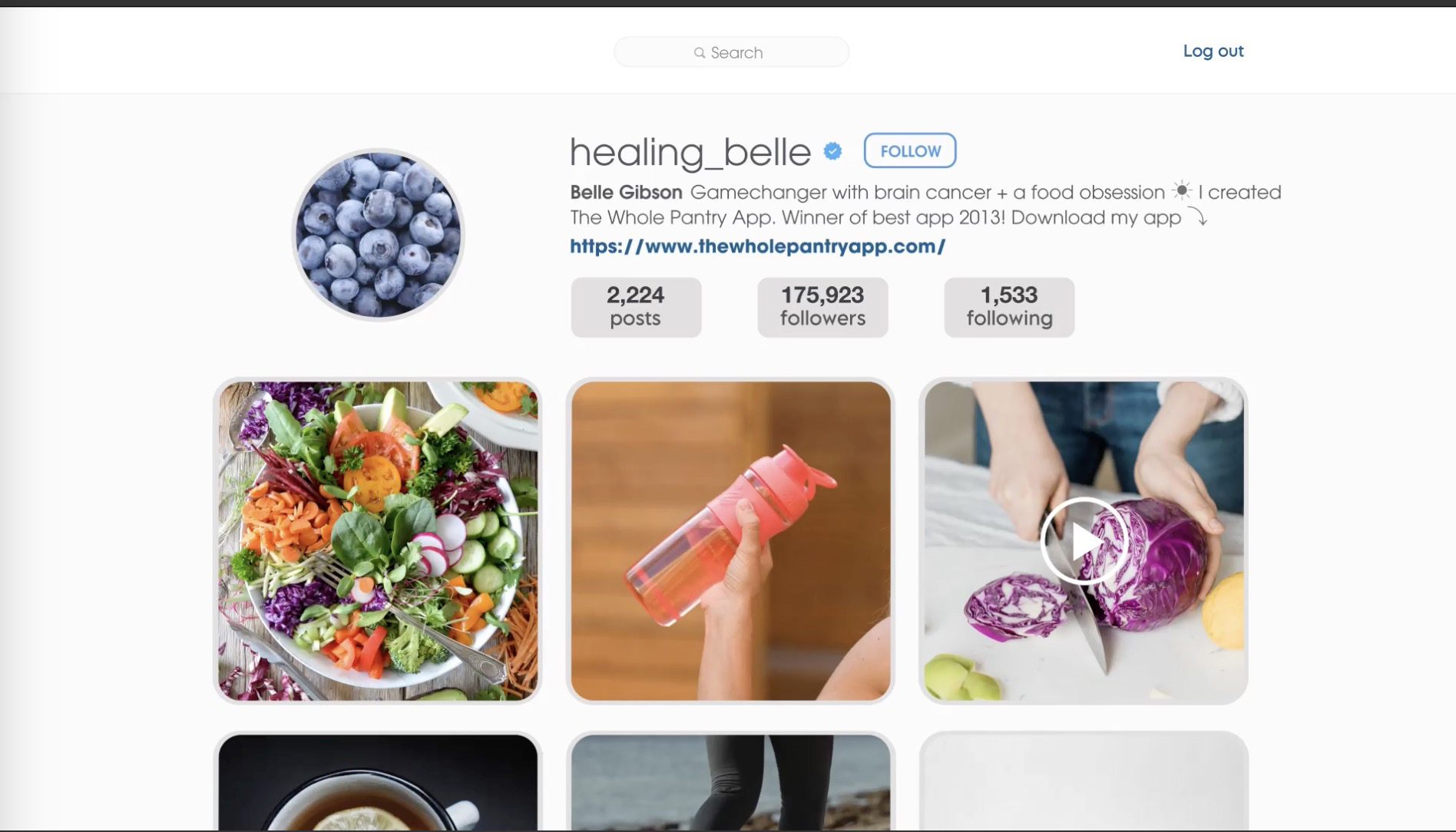 Belle Gibson's Instagram page