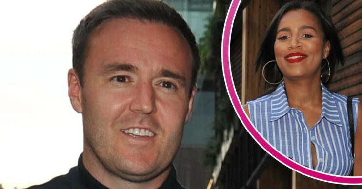 Alan Halsall smiling and Tisha Merry inset