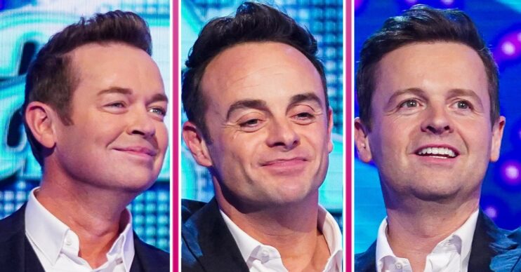 Stephen Mulhern, Ant and Dec all smiling on set of Saturday Night Takeaway