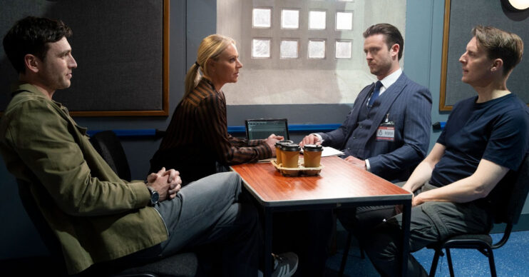 Coronation Street's DS Swain, Kit, Joel and Nathan are in the police interview room