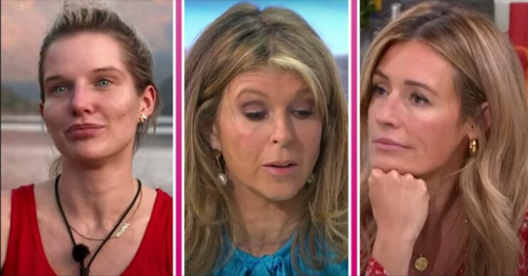 Helen Flanagan looks peeved, Kate Garraway looks down, and Cat Deeley ress her chin on her hand