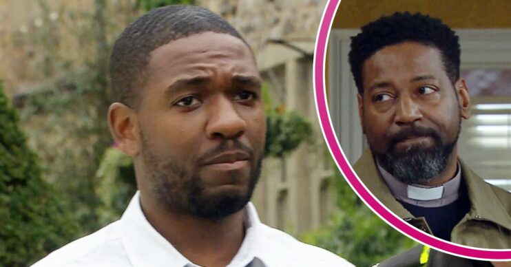 Ethan looks shocked in Emmerdale; inset, Charles looks worried (Credit: ITV/Composite: ED!)