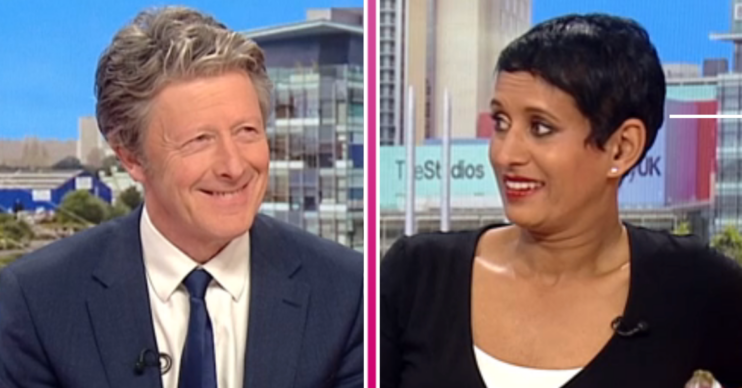 BBC Breakfast presenters Charlie Stayt and Naga Munchetty with awkward expressions whilst presenting show