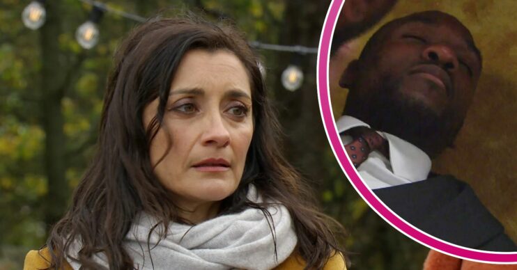 Manpreet looks worried; inset, Ethan unconscious on the floor (Credit: ITV/Composite: ED!)