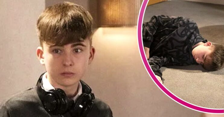 Coronation Street spoilers comp image: Liam looking worried and collapsed (Credit: ITV/Comp ED!)