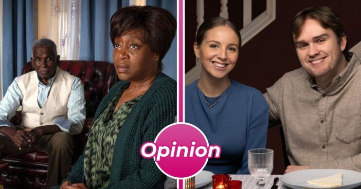 EastEnders and Emmerdale comp image: Patrick and Yolande, Belle and Tom (Credit: BBC/ITV/Comp ED!)