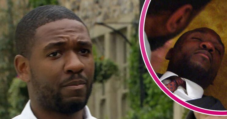 Emmerdale comp image of Ethan Anderson looking worried and collapsed on the floor (Credit: ITV/Comp ED!)