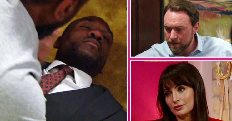 Emmerdale spoilers first look comp image: Ethan, Liam, Leyla (Credit: ITV/comp ED!)