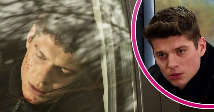 Emmerdale spoilers comp image: Nicky in a car wreck (Credit: ITV/Comp ED!)