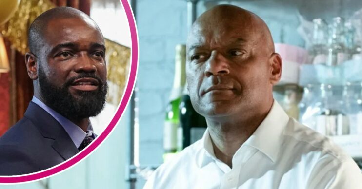 George looks pensive on EastEnders; inset, son Junior (Credit: BBC/Composite: ED!)