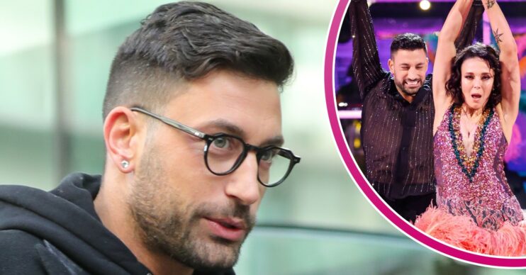 Giovanni Pernice wearing glasses and dancing with Amanda Abbington inset