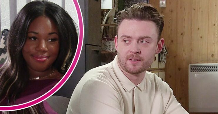 Joel looks shady on Coronation Street; inset, Dee-Dee smiling (Credit: ITV/Composite: ED!)