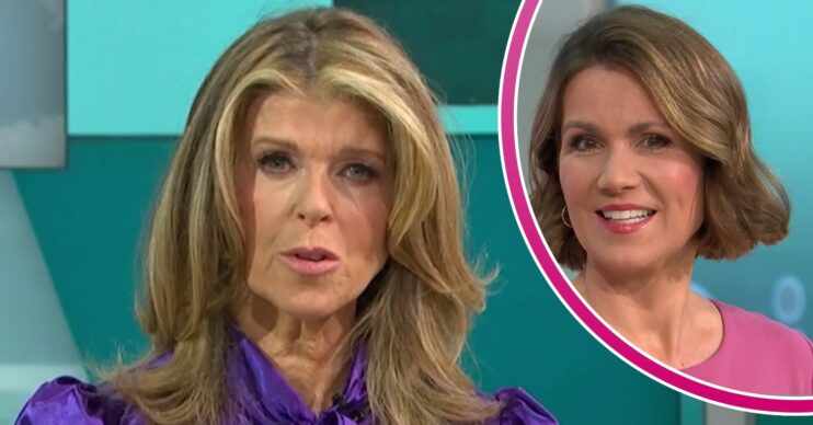 Kate Garraway looks at the camera on GMB today, Susanna Reid smiles