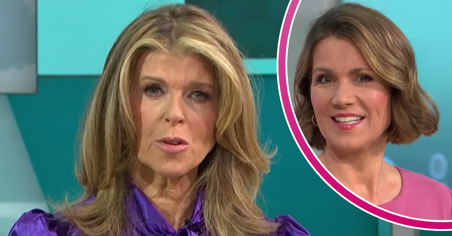 Kate Garraway looks at the camera on GMB today, Susanna Reid smiles