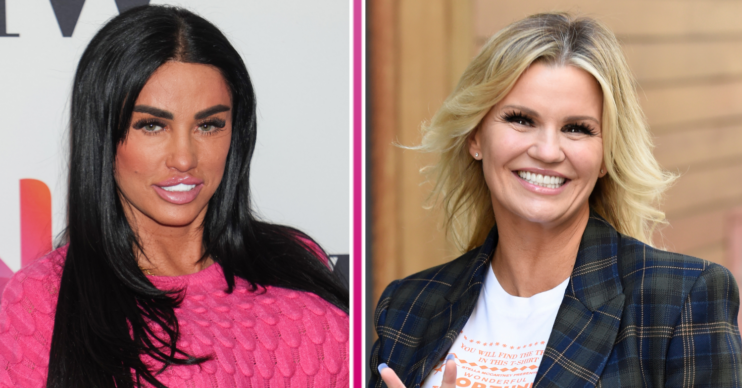 Katie Price wearing pink jumper alongside a smiling Kerry Katona doing a peace sign gesture