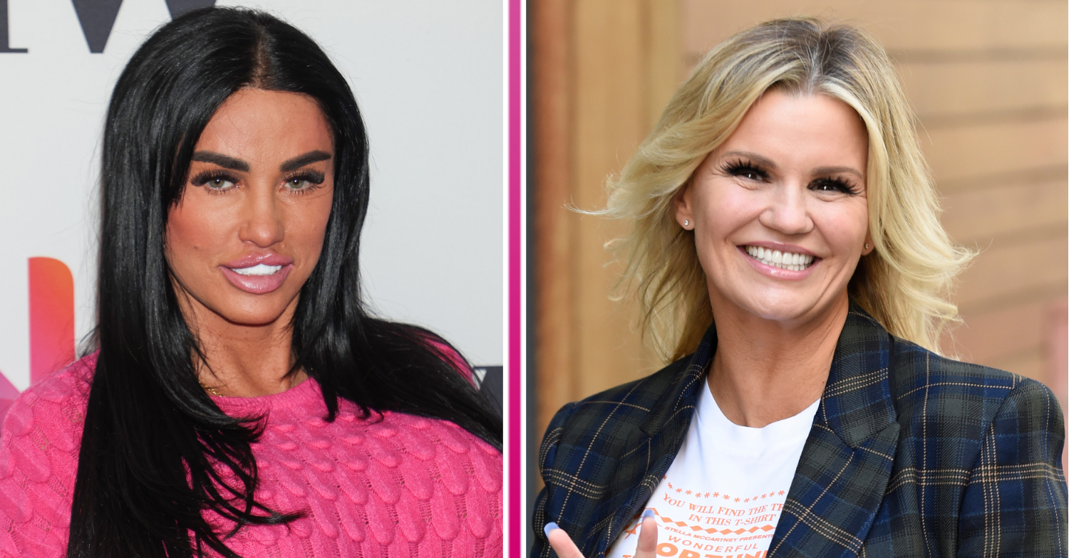 Katie Price wearing pink jumper alongside a smiling Kerry Katona doing a peace sign gesture