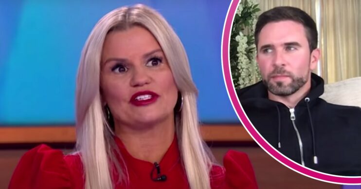 Kerry Katona looks serious, Ryan Mahoney looks to the side
