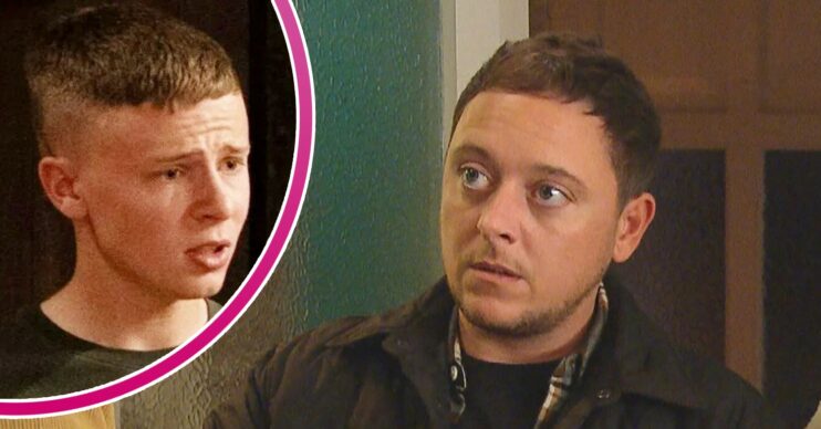 M,atty looks worried on Emmerdale; inset, Samson looking pained (Credit: ITV/Composite: ED!)