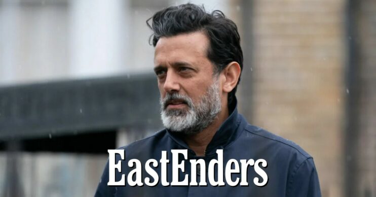 Nish looking serious on EastEnders with logo (Credit: BBC/Composite: ED!)