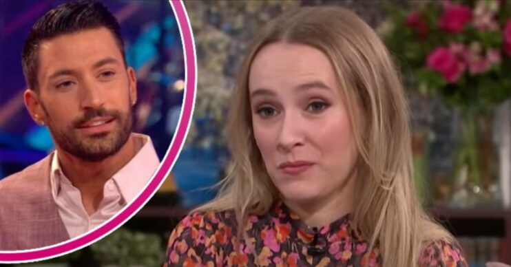 Rose Ayling-Ellis looks uncertain, Giovanni Pernice listens