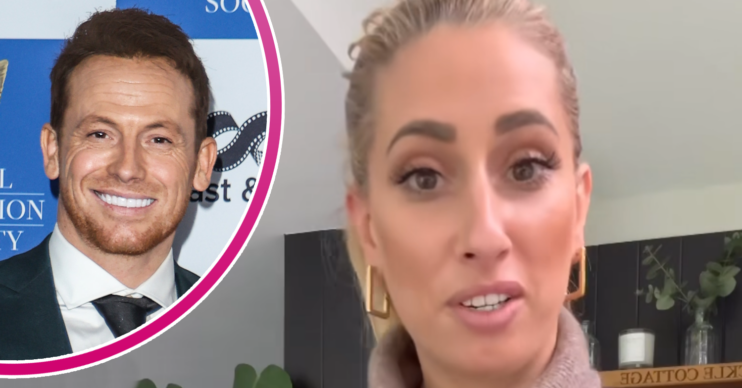 Stacey Solomon ranting in her kitchen and Joe Swash inset smiling