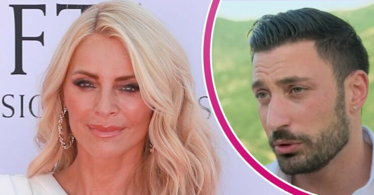 Tess Daly with straight-faced expression beside Giovanni Pernice talking