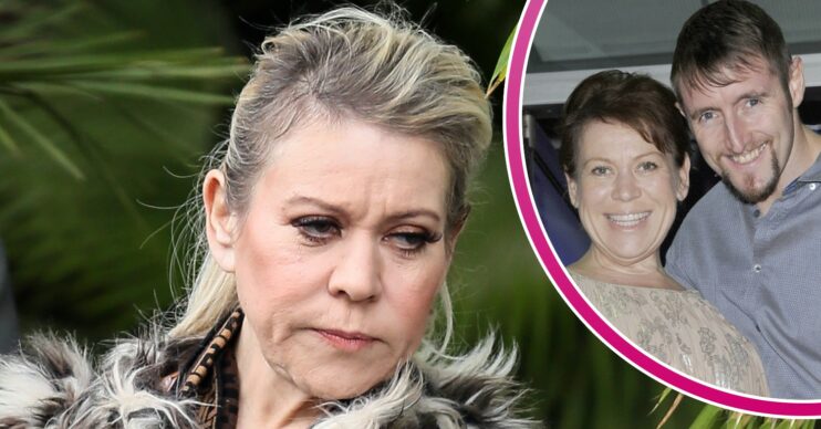 Tina Malone looking sad and with husband Paul inset