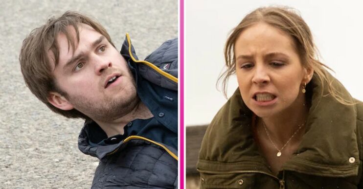 Composite image of Tom and Belle on Emmerdale; he looks scared while she's angry (Credit: ITV/Composite: ED!)