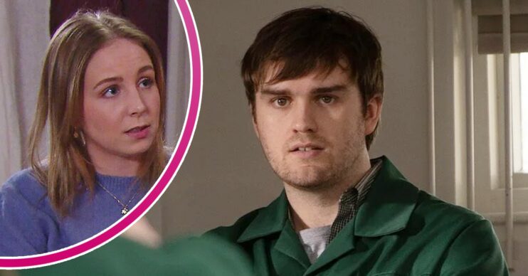 Tom looks angry on Emmerdale; inset, Belle looks worried (Credit: ITV/Composite: ED!)