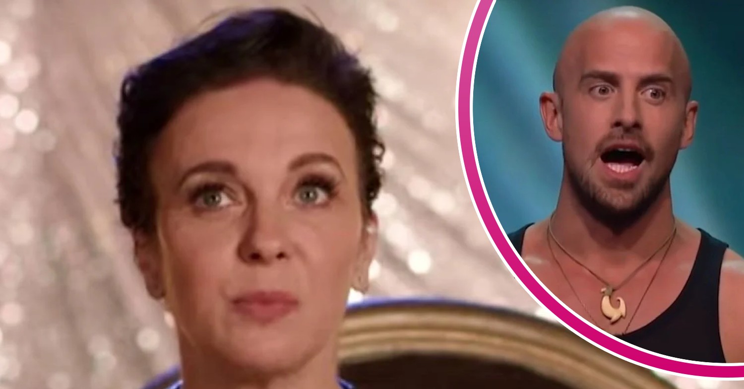 Amanda Abbington looking up and her fiancé Jonathan Goodwin inset