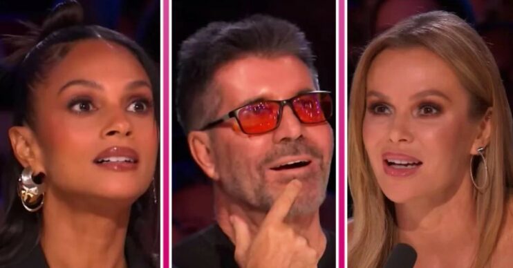 Britain's Got Talent comp, Alesha Dixon, Simon Cowell and Amanda Holden with shocked expression