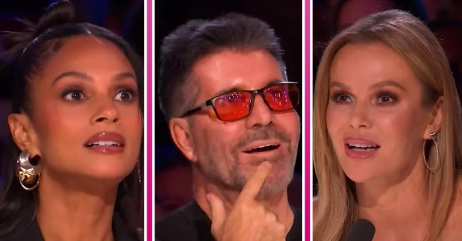 Britain's Got Talent comp, Alesha Dixon, Simon Cowell and Amanda Holden with shocked expression