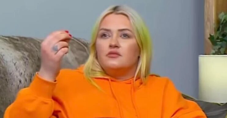 Ellie Warner wearing orange jumper on Gogglebox