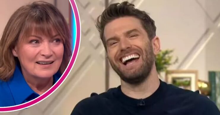 Lorraine Kelly on the show wearing blue shirt beside Joel Dommett on Lorraine Kelly