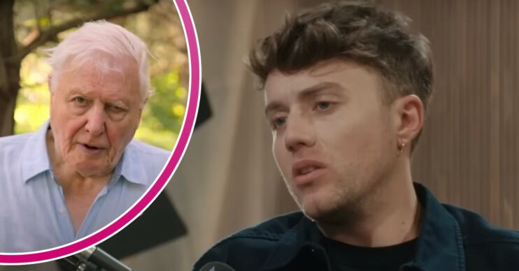 David Attenborough speaking to the camera / Roman Kemp looking concerned