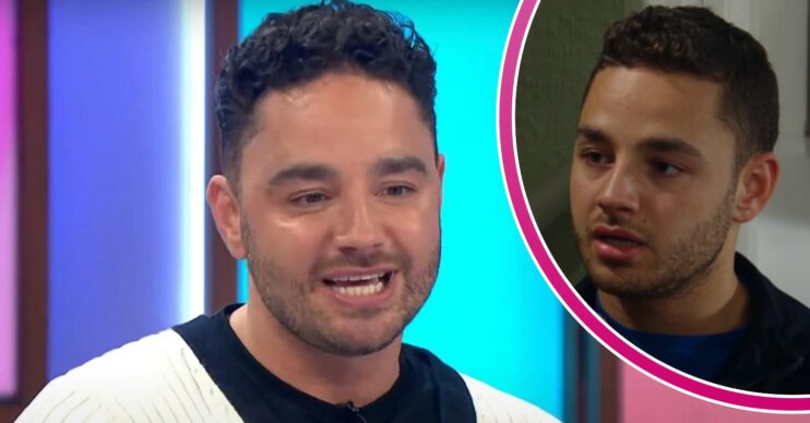 Adam Thomas in an interview; inset, as Adam Barton on Emmerdale (Credit: ITV/YouTube/Composite: ED!)