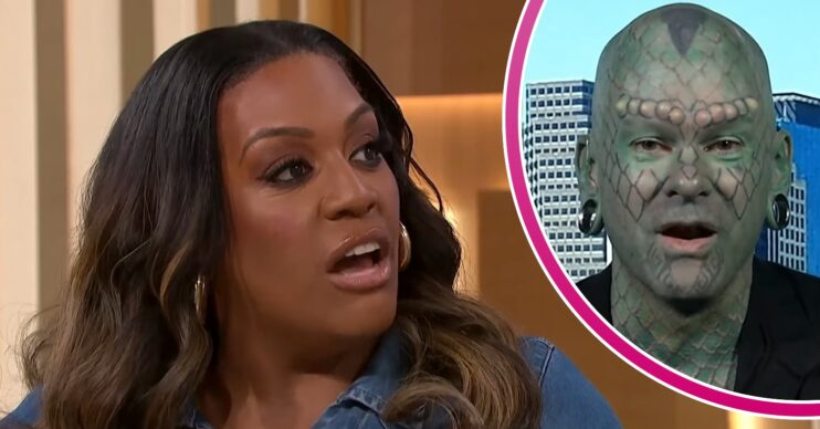 Alison Hammond looking horrified and a man who looks like a lizard inset