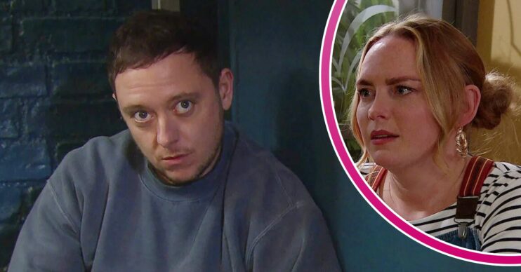 Matty looks worried on Emmerdale; inset, Amy (Credit: ITV/Composite: ED!)