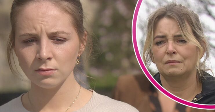 Belle looks sad on Emmerdale; inset, worried-looking Charity (Credit: ITV/Composite: ED!)